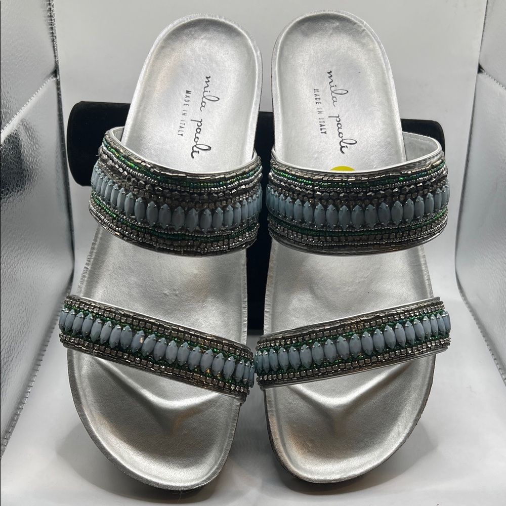 Mila Paoli Silver Sandals with beaded  Accents size 9